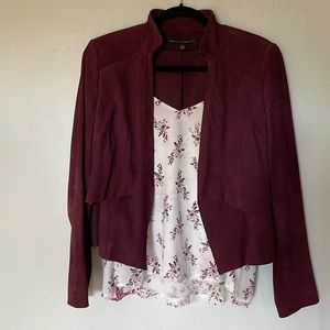 Beautiful burgundy wine colored suede jacket with one eye hook closure from WHBM
